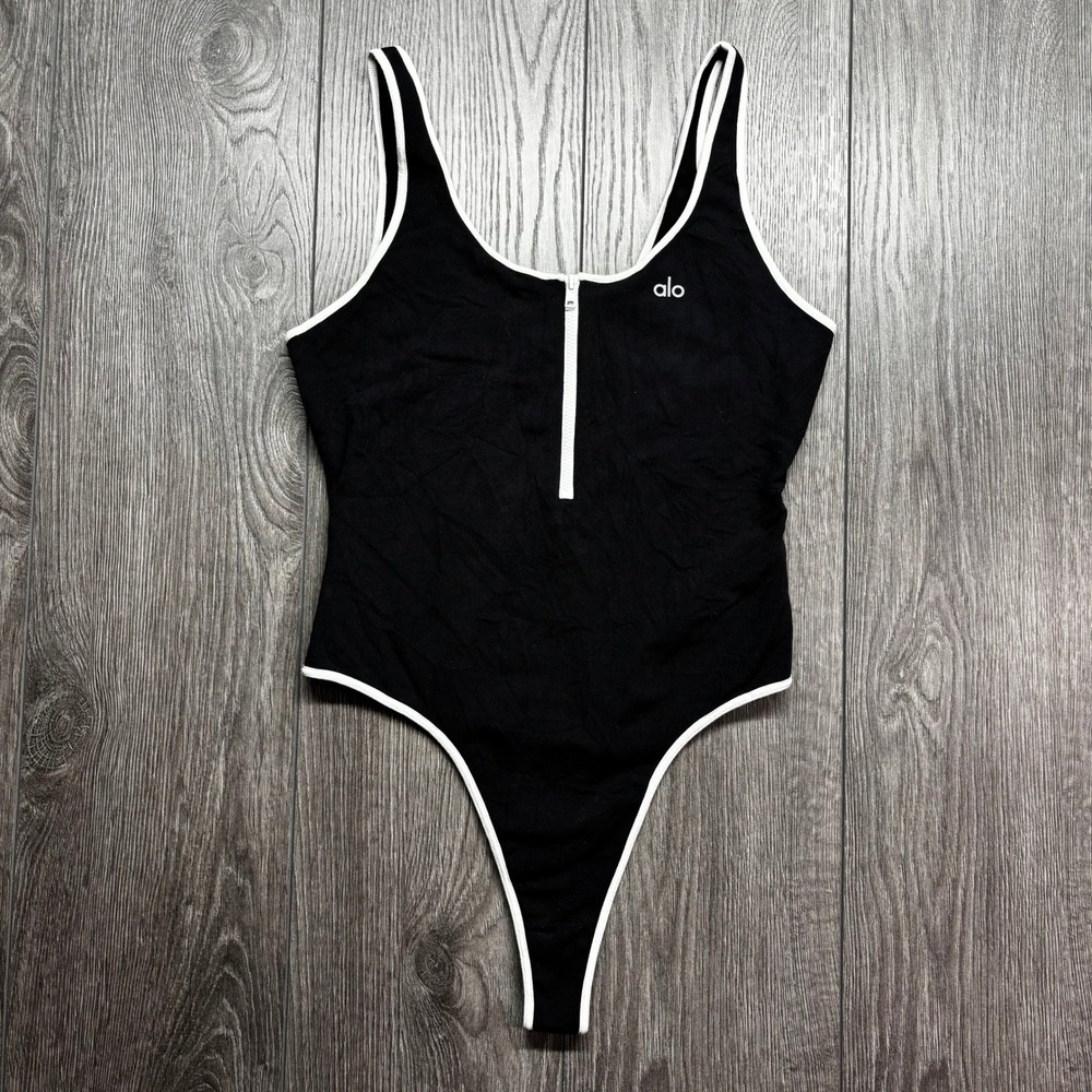 Alo Yoga Womens Small Quarter Zip High Cut Bodysuit Black White Athletic